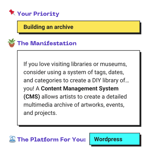 Your Priority: Building an archive. The Manifestation: If you love visiting libraries or museums, consider using a system of tags, dates, and categories to create a DIY library of…you! A Content Management System (CMS) allows artists to create a detailed multimedia archive of artworks, events, and projects. The Platform For You: Wordpress.