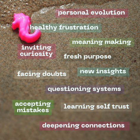 a pink toy seahorse with various phrases listed like personal evolution, healthy frustration, meaning making, inviting curiosity, fresh purpose, new insights, facing doubts, questioning systems, accepting mistakes, learning self trust, deepening connections.
