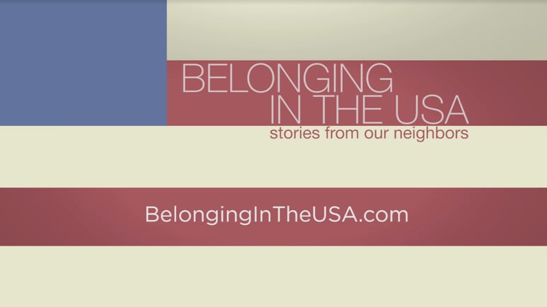 Artwork for "Belonging in the USA" with title on a design referencing the American flag