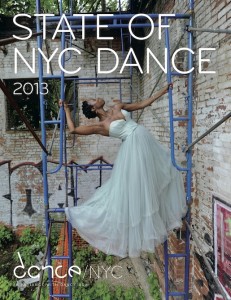 Image of the cover of danceNYC shows woman in evening gown posed on scaffolding