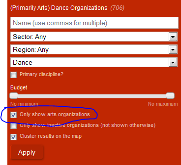 Screenshot of search engine circling "only show arts organizations"