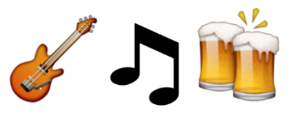 A guitar, musical note, and two mugs of beer.