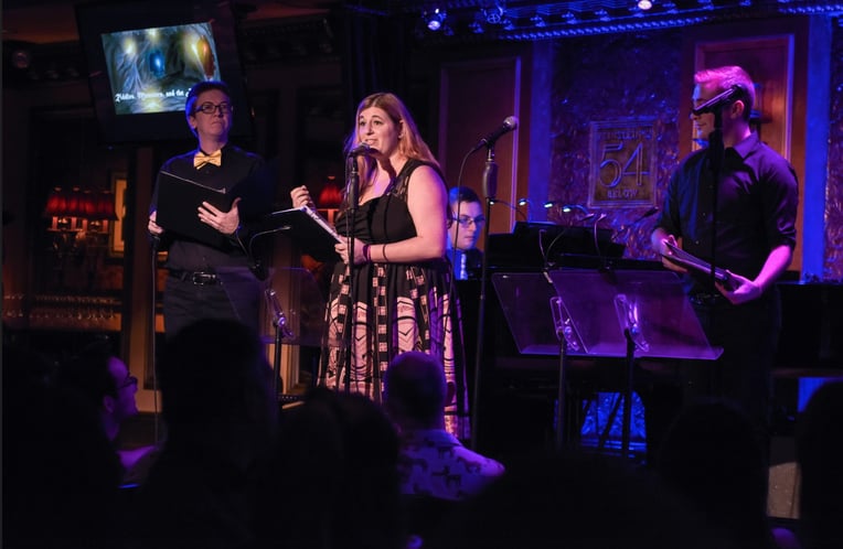 Jamie performs at Feinstein’s/54 Below,center stage at the mic with 2 other performers on stage