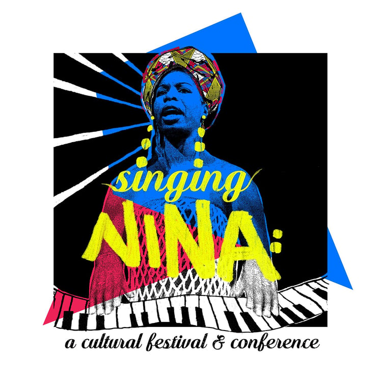 Poster for Singing: Nina with Nina Simone in blue and the title in yellow