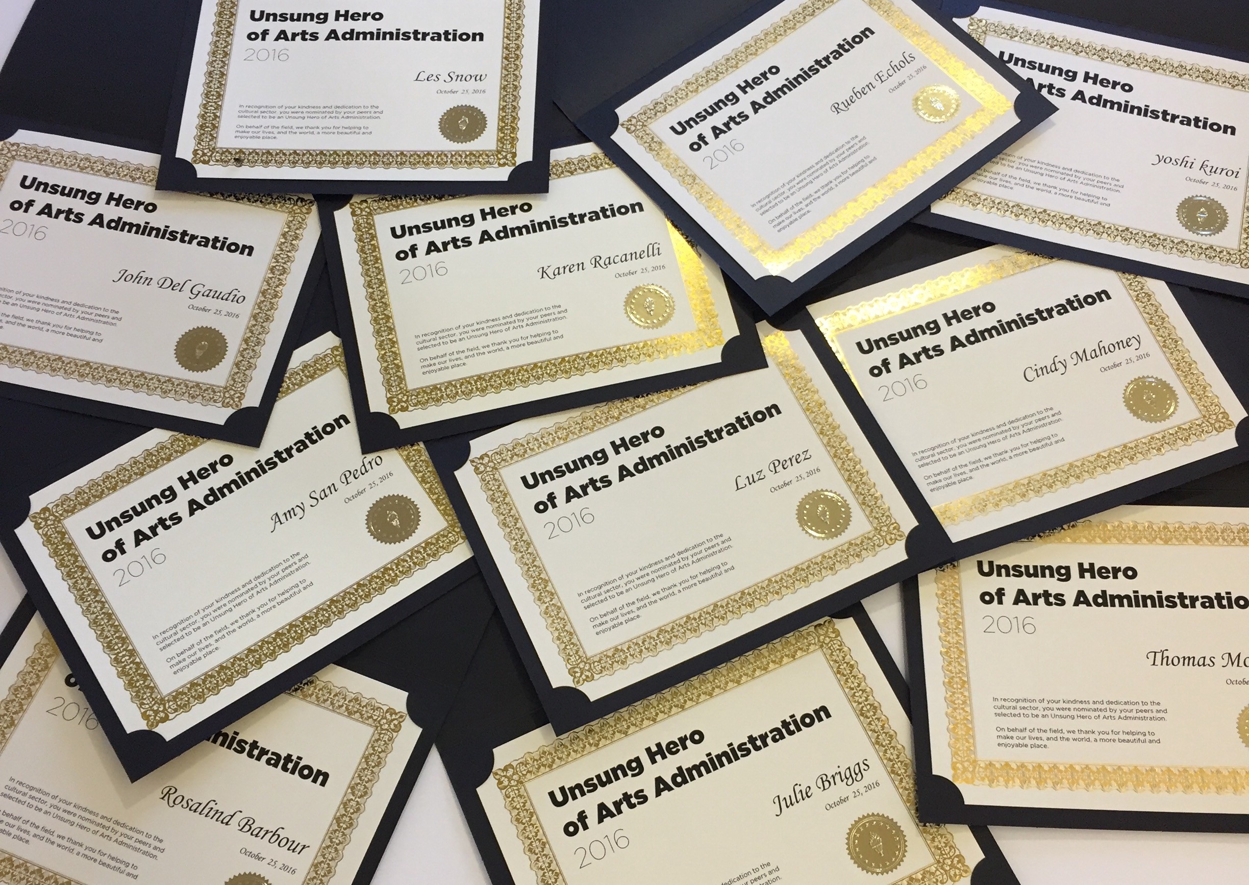 Unsung Heroes of Arts Administration Award Certificates