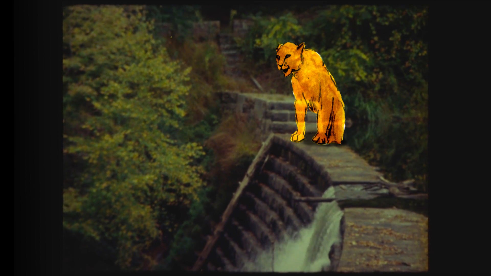 A still from Goldilocks film with an illustrated/animated cougar standing over a real-life waterfall